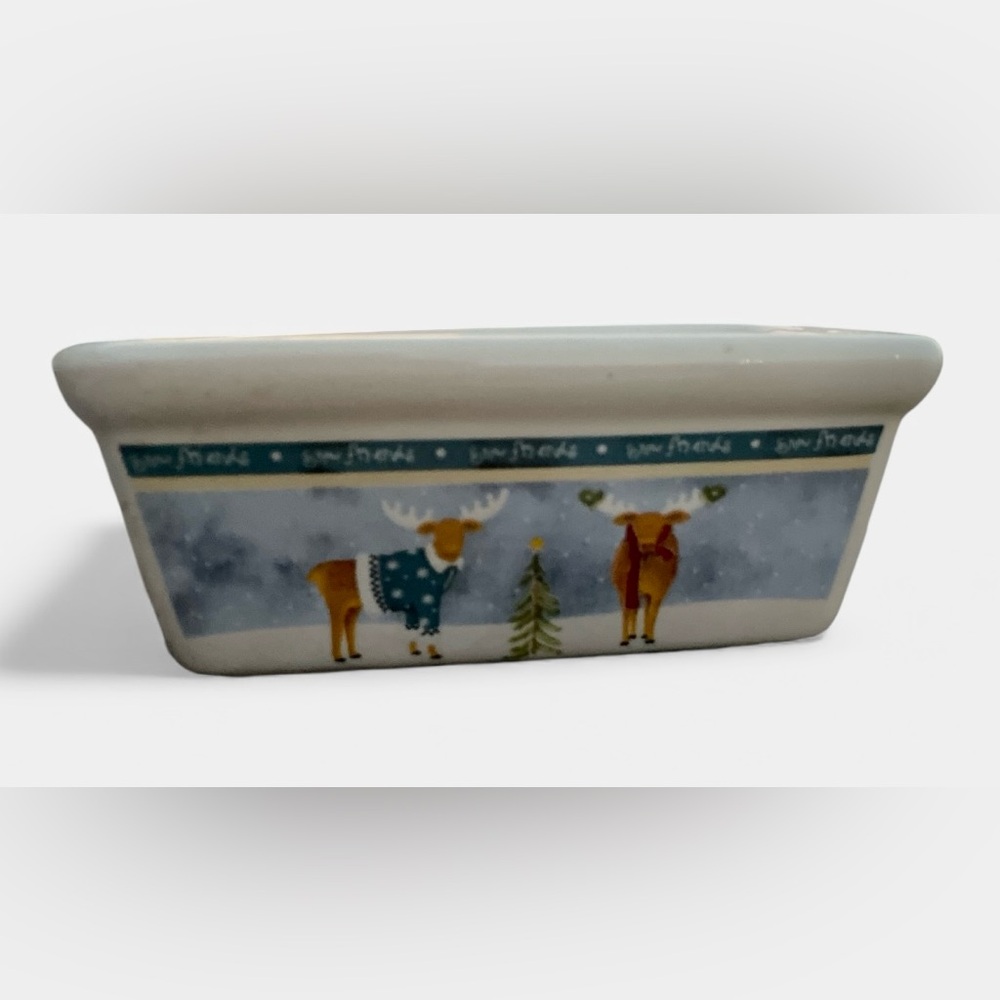Garden Ridge ceramic mini loaf pan with a Christmas holiday deer design.